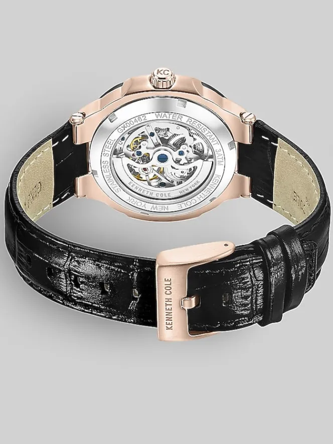 Watches-Kenneth Cole Automatic Dress Watch with Leather Strap Black