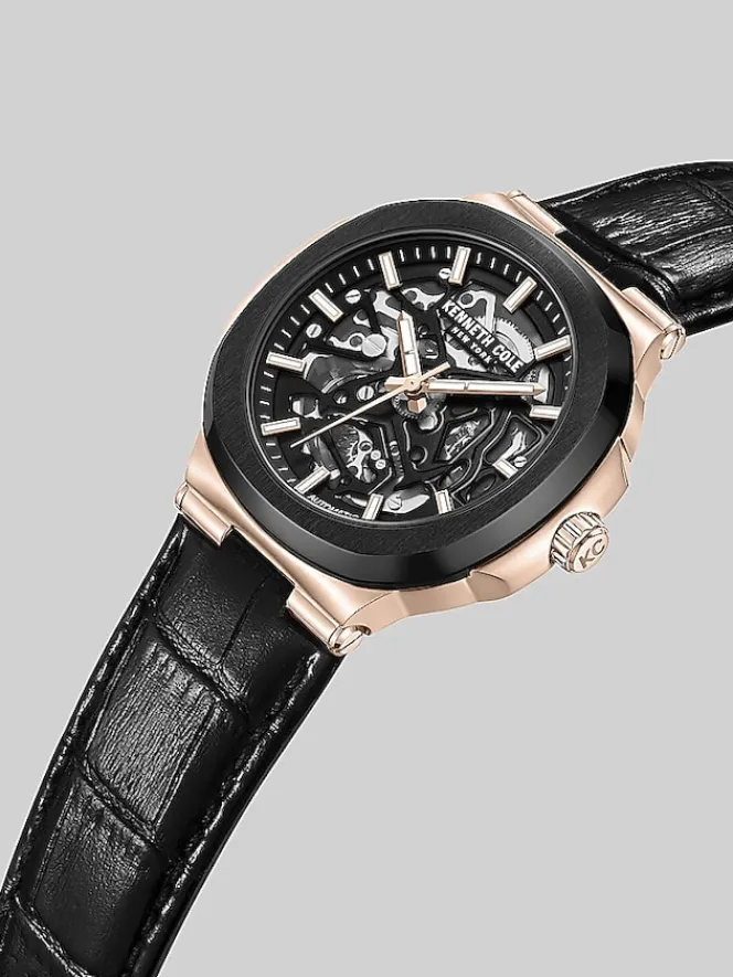 Watches-Kenneth Cole Automatic Dress Watch with Leather Strap Black