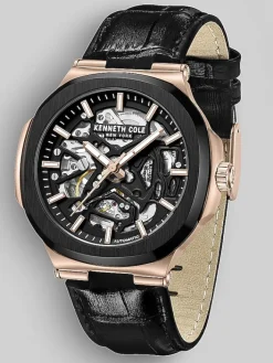 Watches-Kenneth Cole Automatic Dress Watch with Leather Strap Black