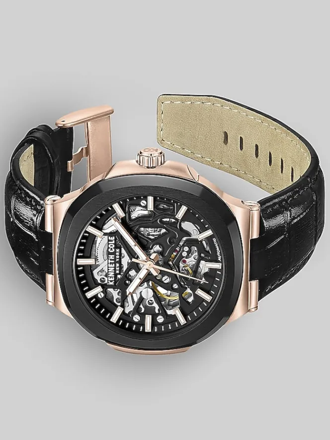 Watches-Kenneth Cole Automatic Dress Watch with Leather Strap Black
