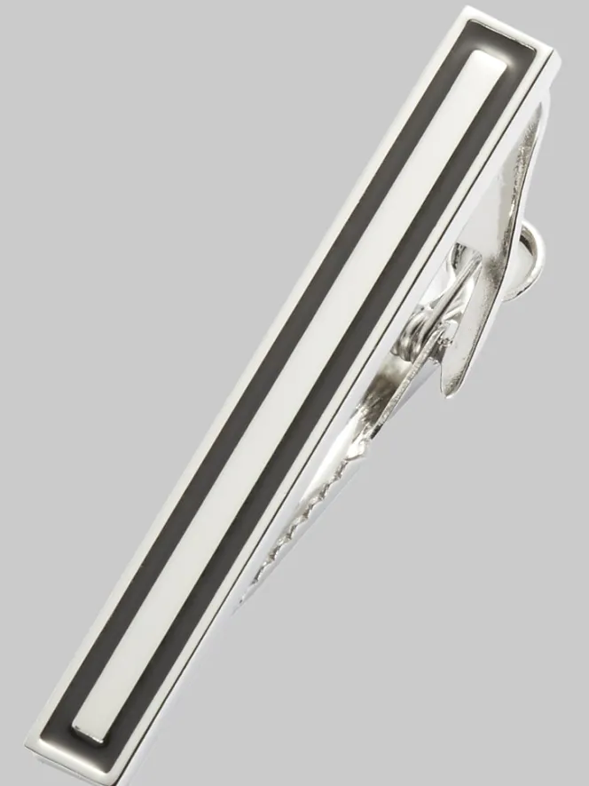 Jewelry|Tie Bars & Cufflinks-Pronto Uomo Black Rectangular Tie Bar Silver