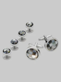 Tie Bars & Cufflinks-Pronto Uomo Checkered Mother-of-Pearl Cufflinks & Studs Set Silver