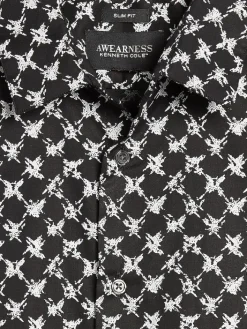Button Up Shirts-Awearness Kenneth Cole CHILLFLEX Slim Fit 4-Way Stretch Abstract Grid Short Sleeve Button Up Shirt Black