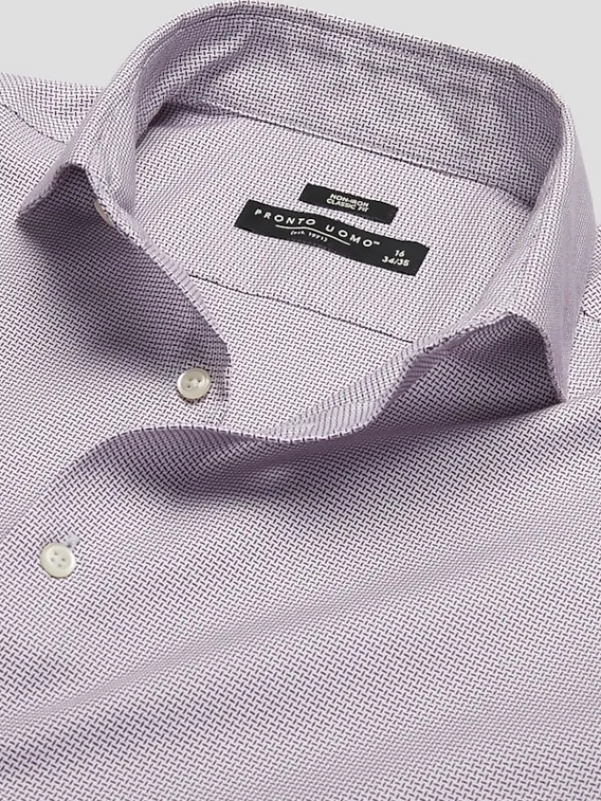 Dress Shirts|Solid Dress Shirts-Pronto Uomo Classic Fit 100% Cotton Basketweave Dress Shirt Red Check