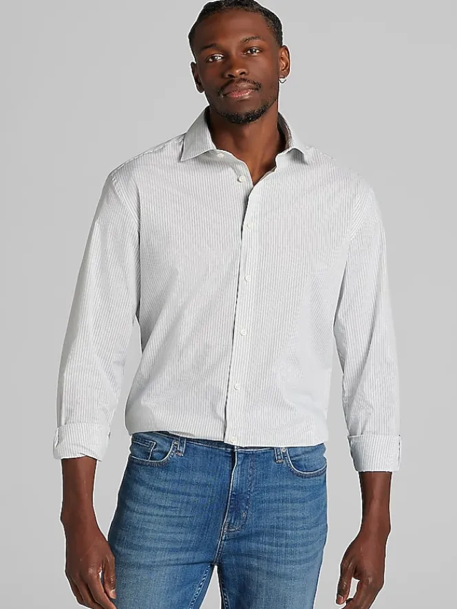 Big & Tall Dress Shirts|Patterned Dress Shirts-Wilke-Rodriguez Classic Fit Fine Line Stripe Dress Shirt Green