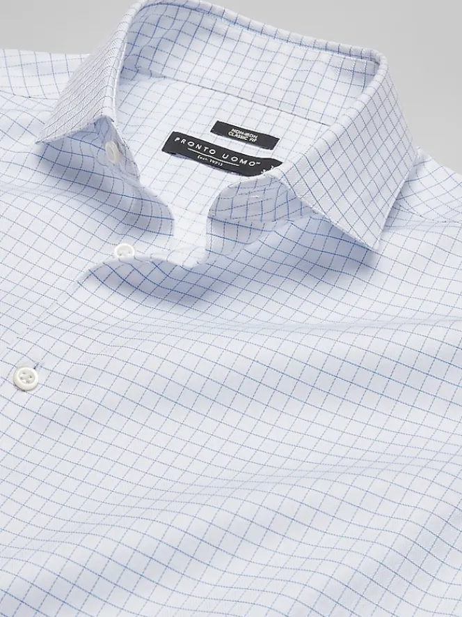 Dress Shirts|Patterned Dress Shirts-Pronto Uomo Classic Fit Grid Herringbone Dress Shirt Blue