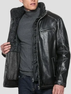 Outerwear-Sly &Amp; Co Classic Fit Lambskin High-Neck Leather Jacket Black Solid