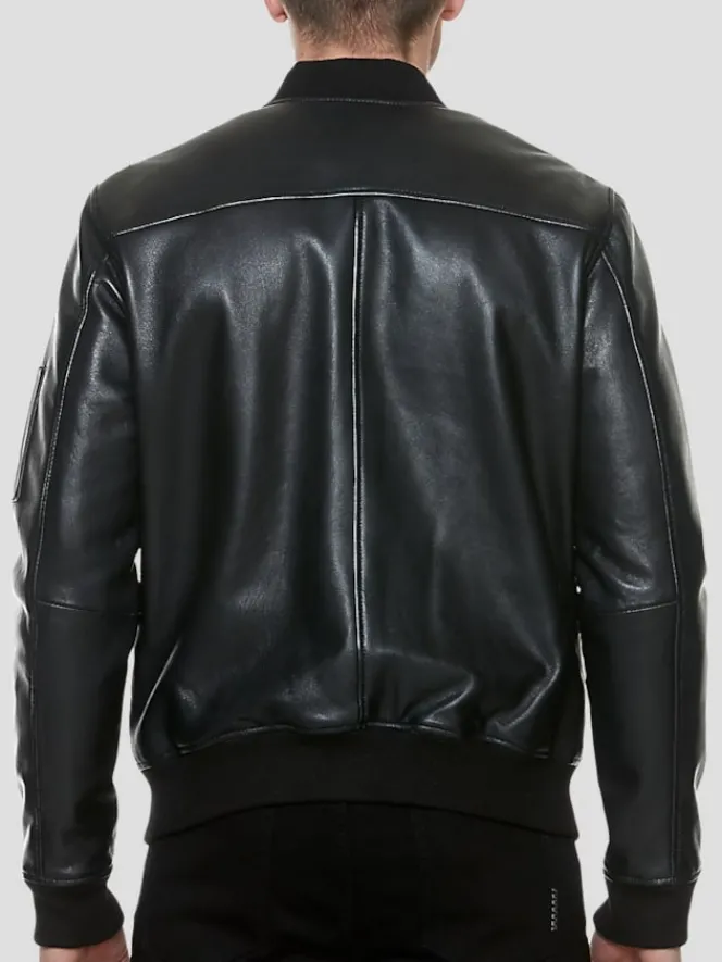 Outerwear-Sly &Amp; Co Classic Fit Lambskin Leather Bomber Jacket Black Solid