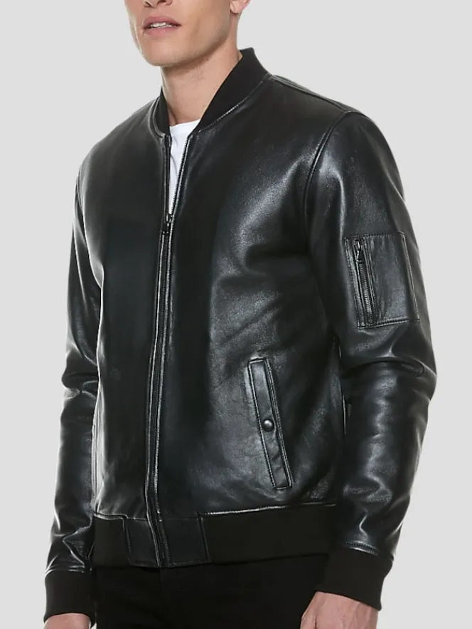 Outerwear-Sly &Amp; Co Classic Fit Lambskin Leather Bomber Jacket Black Solid