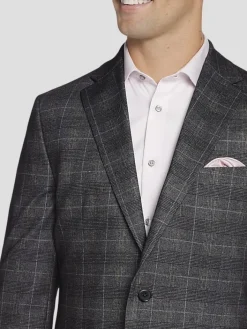 Sport Coats|Sport Coats-Michael Strahan Classic Fit Plaid Knit Sport Coat Charcoal Plaid