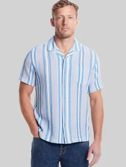 Button Up Shirts|Casual Shirts-Weatherproof Vintage Classic Fit Stripe Camp Shirt Light Grey