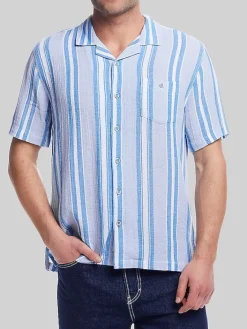 Button Up Shirts|Casual Shirts-Weatherproof Vintage Classic Fit Stripe Camp Shirt Light Grey