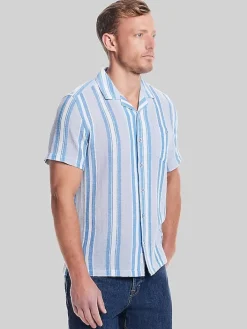 Button Up Shirts|Casual Shirts-Weatherproof Vintage Classic Fit Stripe Camp Shirt Light Grey