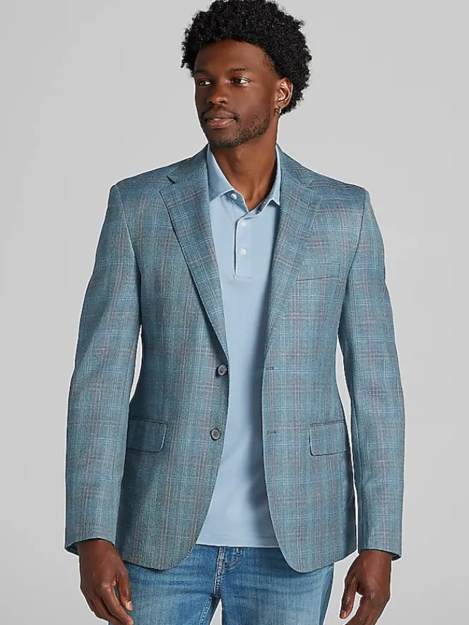 Big & Tall Sport Coats|Casual Shop-Joseph Abboud Classic Fit Windowpane Plaid Sport Coat Light Teal Windowpane
