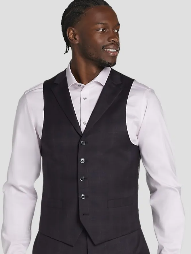 3-piece Suits|Suit Separates-Michael Strahan Classic Fit Wool Blend Plaid Suit Vest Burgundy Plaid