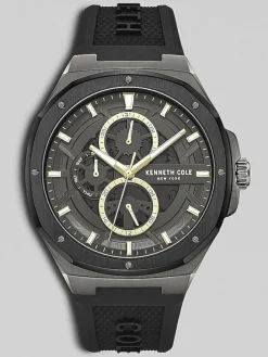 Watches-Kenneth Cole Dress Sport Silicone Strap Watch Black