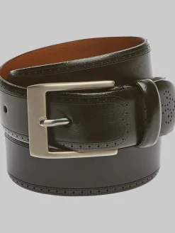 Belts-Joseph Abboud Feather Edged Laser Detail Leather Belt Black