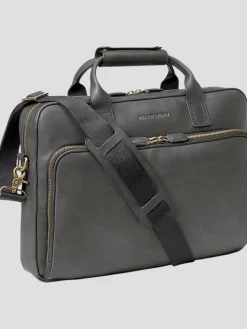 Travel & Luggage-Johnston &Amp; Murphy Leather Work Briefcase Laptop Bag Black