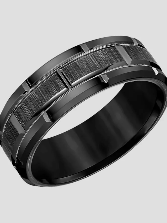 Jewelry|Tie Bars & Cufflinks-Gtx 8mm Flat Edge Brick Pattern Tungsten Carbide Band Black