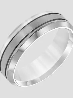 Jewelry|Tie Bars & Cufflinks-Gtx 7mm Round Edge Brushed Finish Center Titanium Band Silver