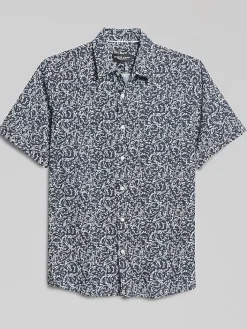 Button Up Shirts-Pronto Uomo Modern Fit Abstract Waves 4-Way Stretch Button Up Shirt Navy/White