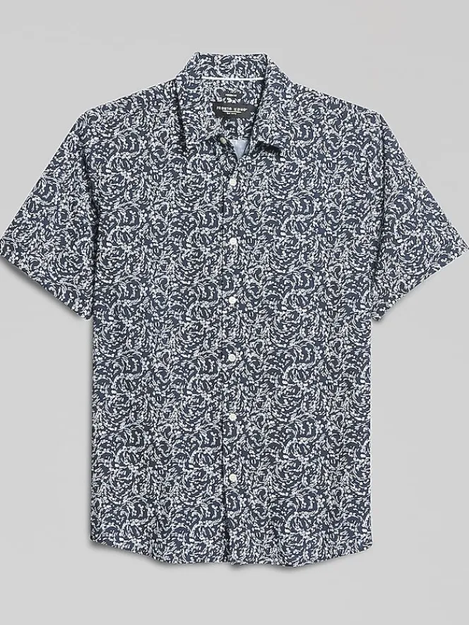 Button Up Shirts-Pronto Uomo Modern Fit Abstract Waves 4-Way Stretch Button Up Shirt Navy/White