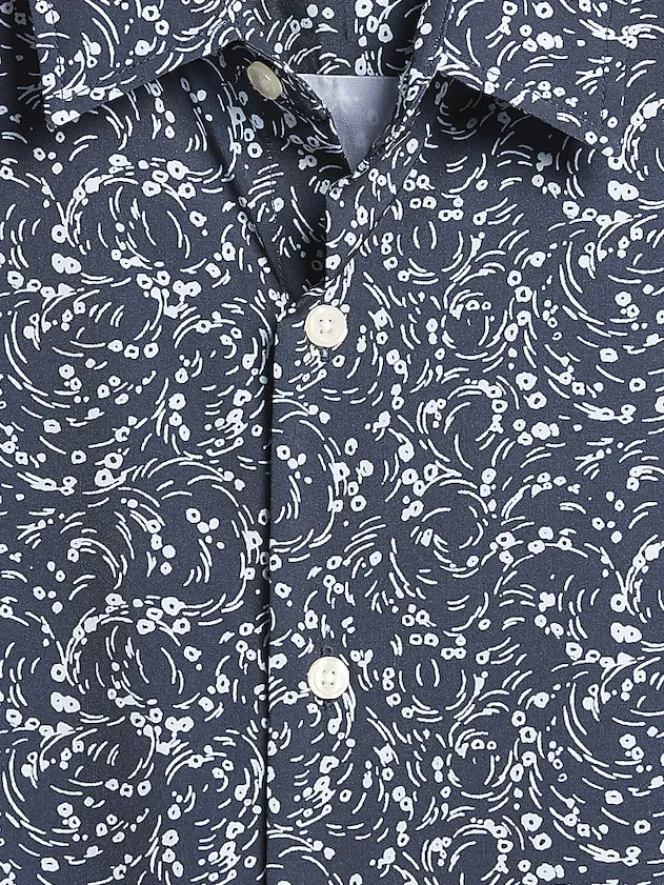 Button Up Shirts-Pronto Uomo Modern Fit Abstract Waves 4-Way Stretch Button Up Shirt Navy/White
