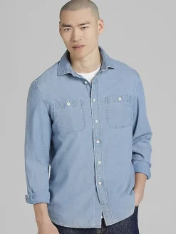 Button Up Shirts|Long Sleeve Button Up Shirts-Joseph Abboud Modern Fit Bird's Eye Button Up Shirt Chambray