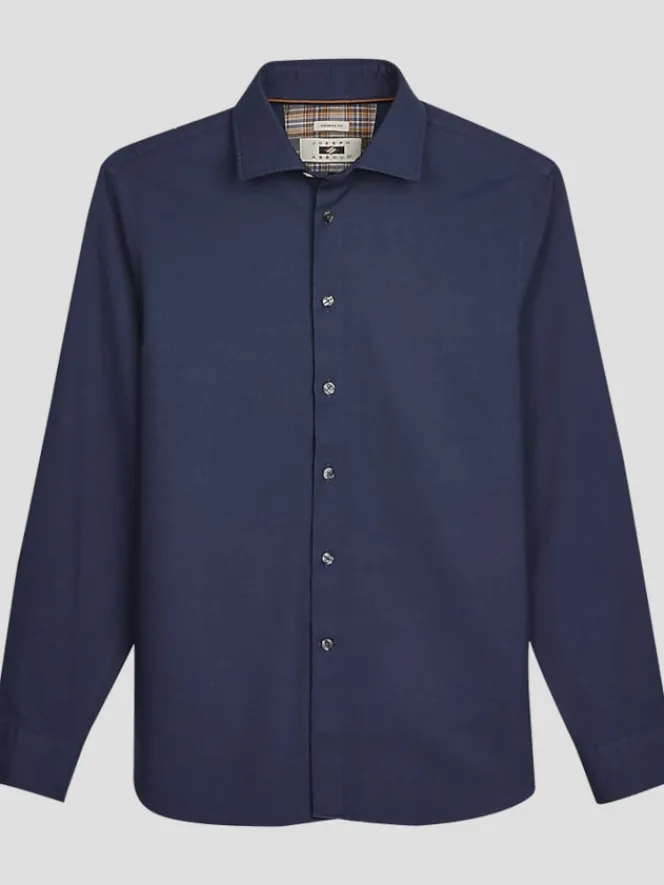 Button Up Shirts|Long Sleeve Button Up Shirts-Joseph Abboud Modern Fit Bird's Eye Print Button Up Shirt Dark Blue