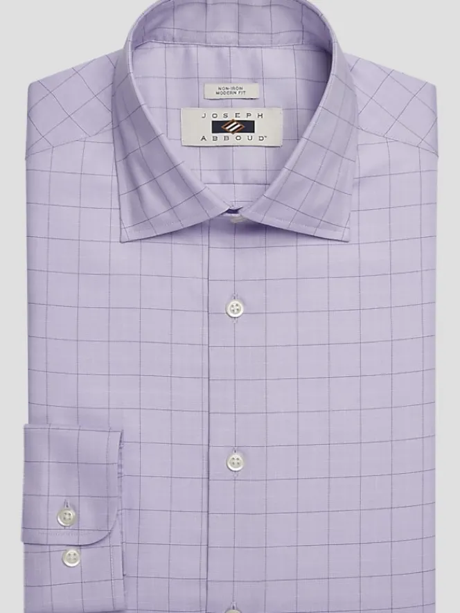 Patterned Dress Shirts|Designer Dress Shirts-Joseph Abboud Modern Fit Cotton Windowpane Dress Shirt Lavender Check