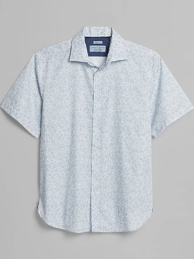 Button Up Shirts-Joseph Abboud Modern Fit Distressed Floral Short Sleeve Button Up Shirt Light Blue