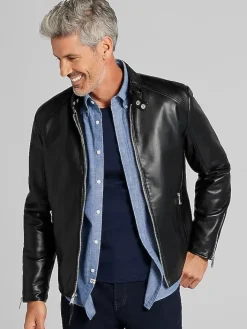 Outerwear-Awearness Kenneth Cole Modern Fit Faux Leather Moto Jacket Black