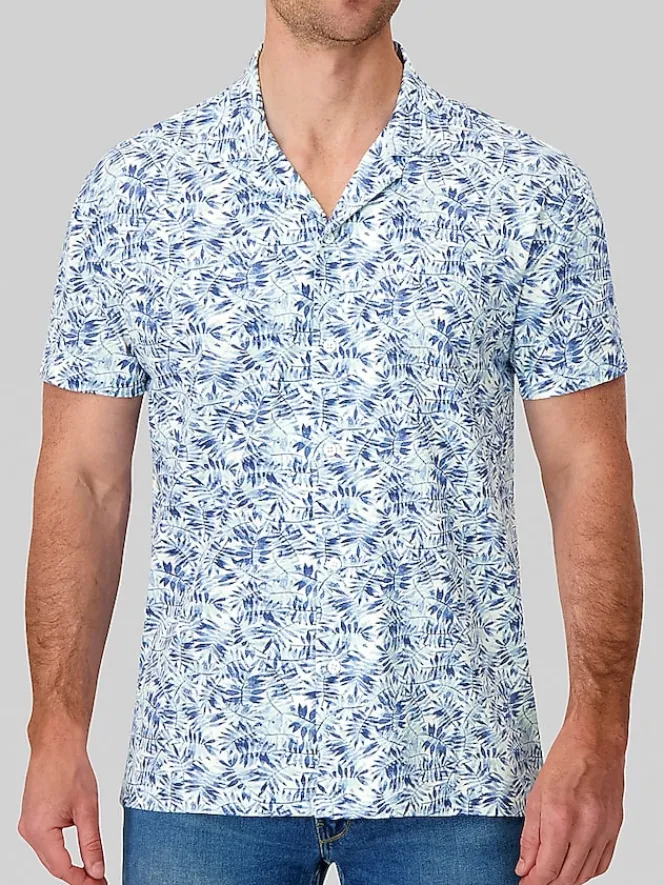 Button Up Shirts-Report Collection Modern Fit Floral Camp Shirt Light Blue