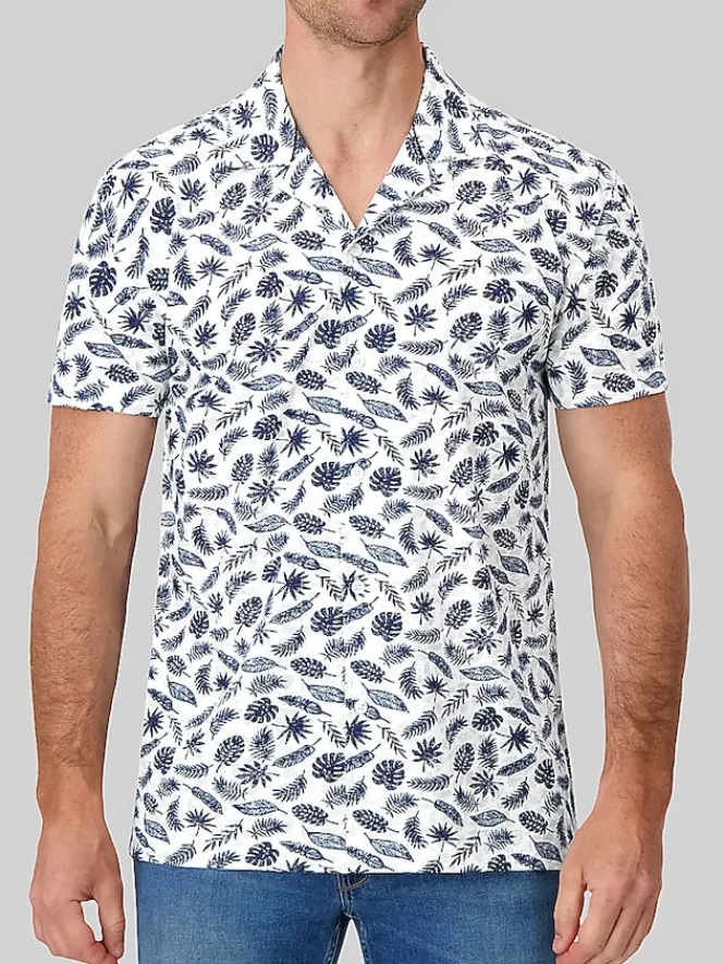 Button Up Shirts-Report Collection Modern Fit Floral Camp Shirt White