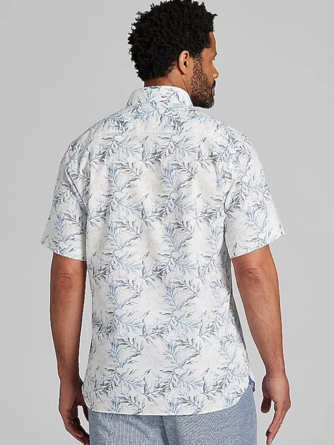 Button Up Shirts|Casual Shirts-Joseph Abboud Modern Fit Floral Leaf Linen Blend Short Sleeve Button Up Shirt Light Blue/Grey