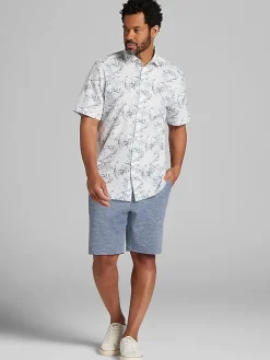 Button Up Shirts|Casual Shirts-Joseph Abboud Modern Fit Floral Leaf Linen Blend Short Sleeve Button Up Shirt Light Blue/Grey