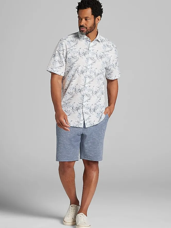 Button Up Shirts|Casual Shirts-Joseph Abboud Modern Fit Floral Leaf Linen Blend Short Sleeve Button Up Shirt Light Blue/Grey