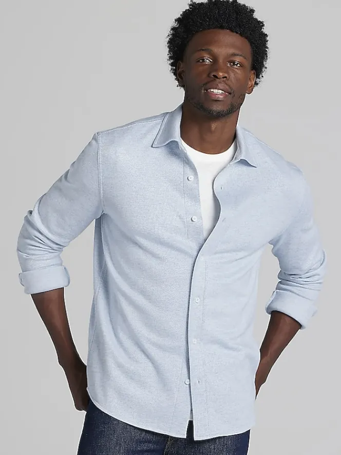 Button Up Shirts|Long Sleeve Button Up Shirts-Joseph Abboud Modern Fit Heathered Twill Overshirt Light Blue