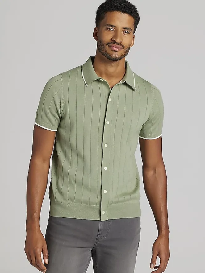Button Up Shirts|Casual Shop-Joseph Abboud Modern Fit Lightweight Button Front Sweater Oil Green