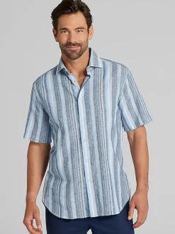 Button Up Shirts|Casual Shirts-Joseph Abboud Modern Fit Linen Blend Button Up Shirt Blue