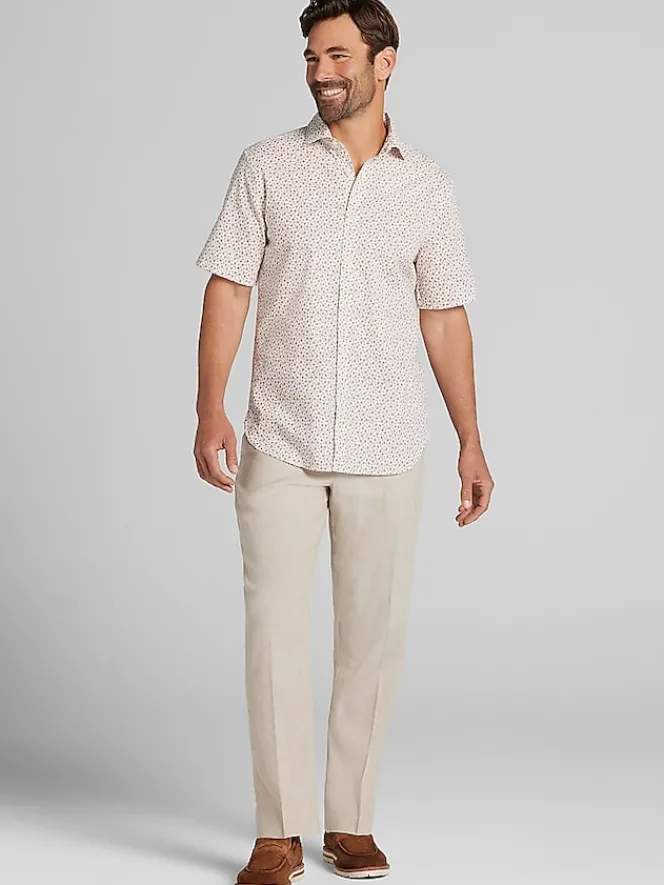 Button Up Shirts|Casual Shirts-Joseph Abboud Modern Fit Linen Blend Floral Button Up Shirt White/Rust