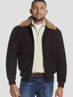 Outerwear-Weatherproof Modern Fit Microsuede Bomber Jacket with Detachable Faux Fur Collar Black Solid