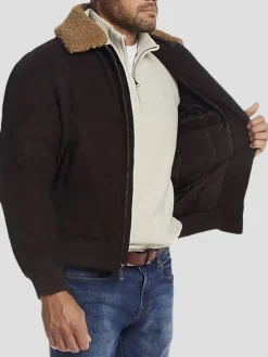 Outerwear-Weatherproof Modern Fit Microsuede Bomber Jacket with Detachable Faux Fur Collar Black Solid