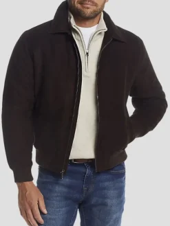 Outerwear-Weatherproof Modern Fit Microsuede Bomber Jacket with Detachable Faux Fur Collar Black Solid