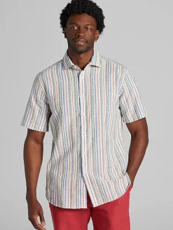 Casual Shirts|Button Up Shirts-Joseph Abboud Modern Fit stripe Linen Blend Short Sleeve Button Up Shirt Multi