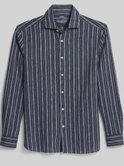 Button Up Shirts|Long Sleeve Button Up Shirts-Joseph Abboud Modern Fit Multistripe Linen Blend Shirt Navy/Light Blue