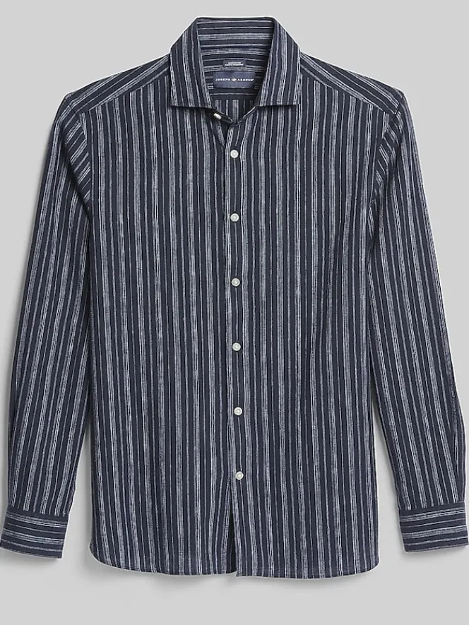 Button Up Shirts|Long Sleeve Button Up Shirts-Joseph Abboud Modern Fit Multistripe Linen Blend Shirt Navy/Light Blue