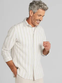 Button Up Shirts|Long Sleeve Button Up Shirts-Joseph Abboud Modern Fit Multistripe Linen Blend Button Up Shirt Navy/White