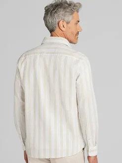 Button Up Shirts|Long Sleeve Button Up Shirts-Joseph Abboud Modern Fit Multistripe Linen Blend Button Up Shirt Navy/White