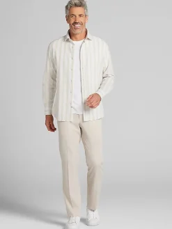 Button Up Shirts|Long Sleeve Button Up Shirts-Joseph Abboud Modern Fit Multistripe Linen Blend Button Up Shirt Navy/White